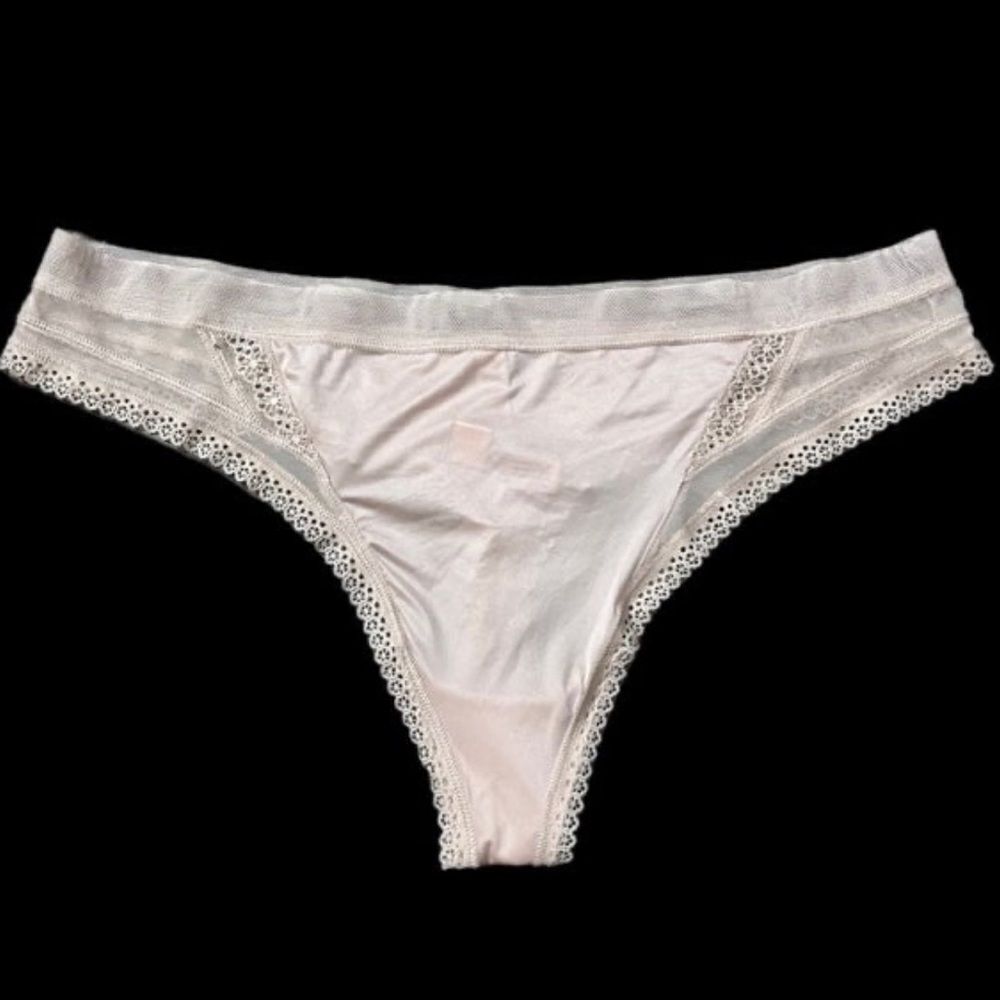 Victorias Secret Body by Victorias Satiny Lace mesh Thong Panty Beige Xlarge